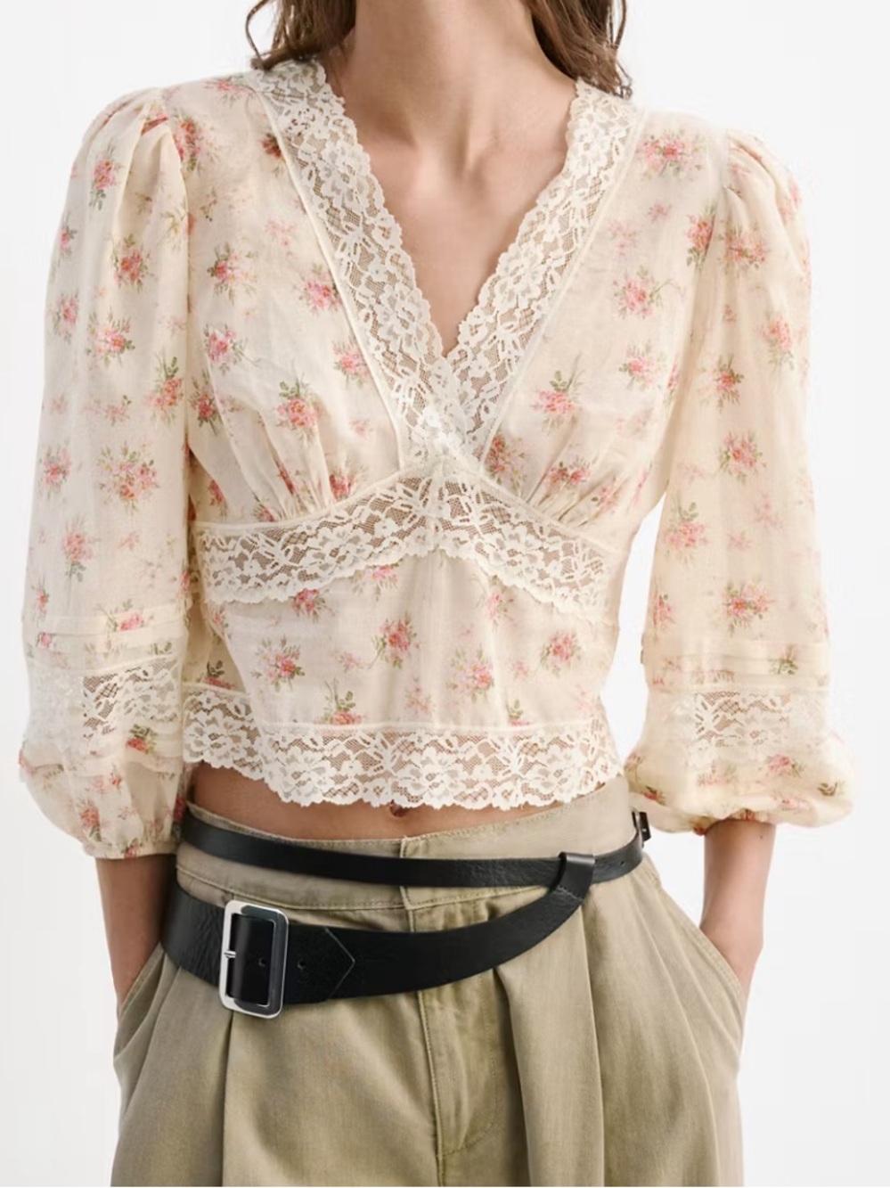 Mango Cream Blush Floral Lace-Trim Wrap Blouse FLORAL LACE BLOUSE 1544